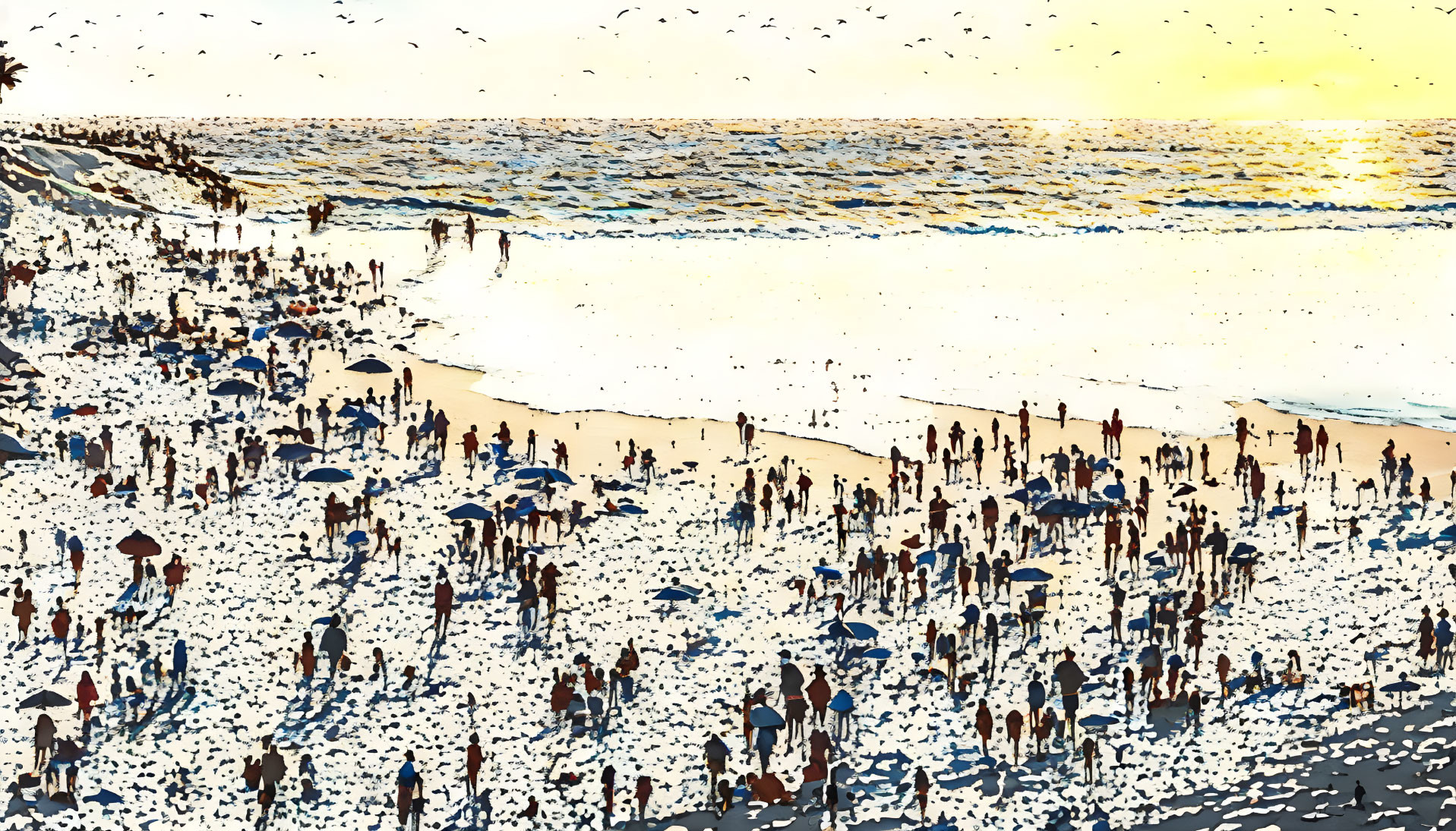 Busy Beach Scene at Sunset with People and Birds