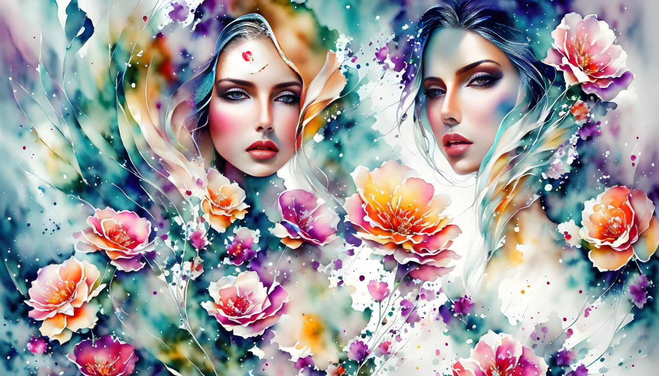 Stylized female faces with vivid makeup in colorful floral swirl.