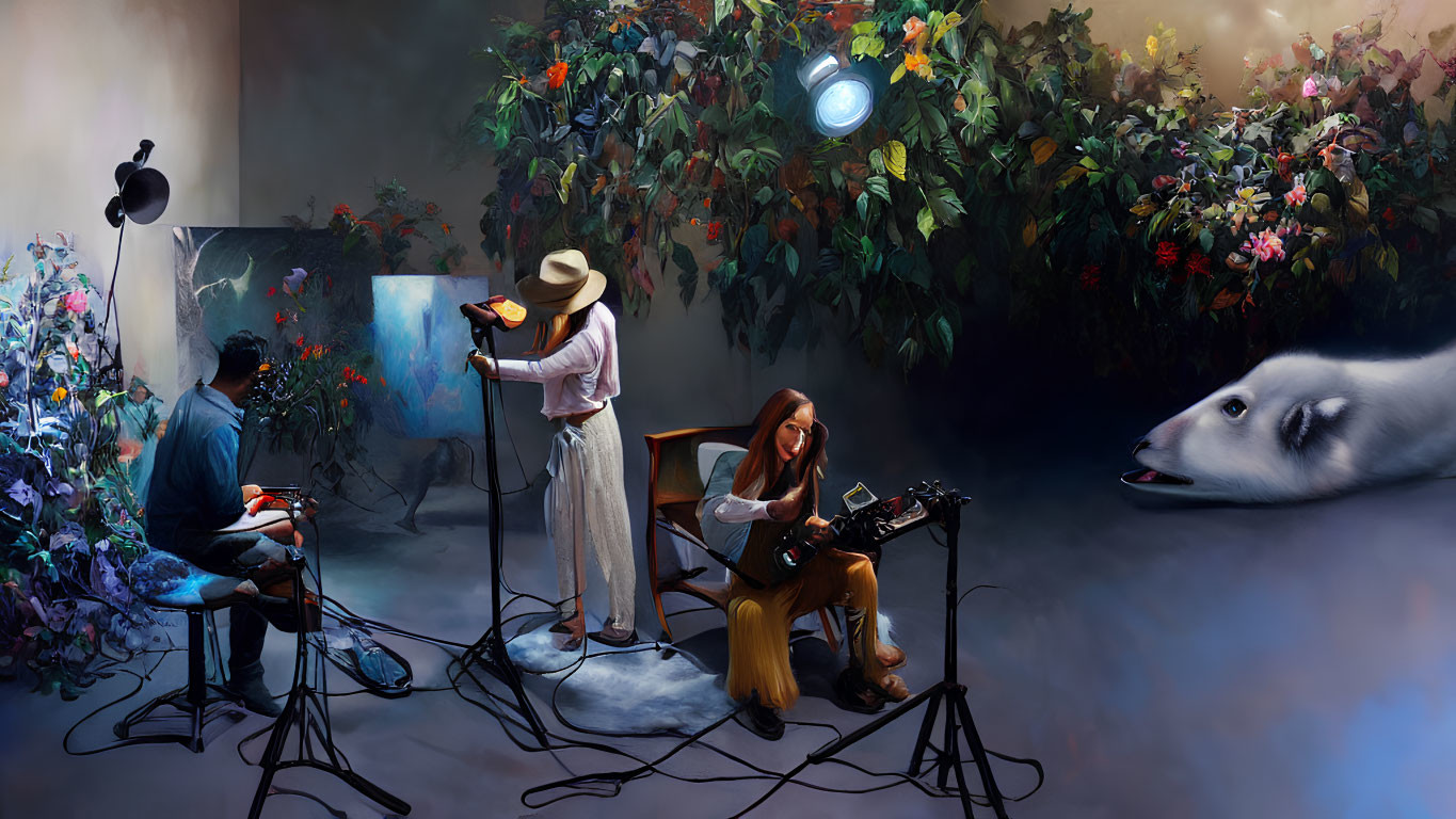 Surreal indoor scene with artists, foliage, wolf face, and lighting.