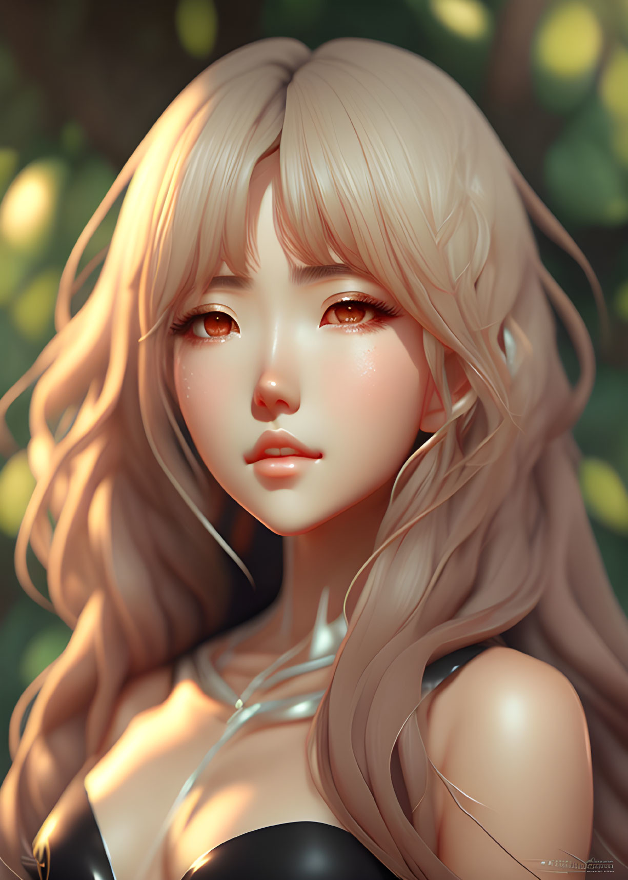 Blonde-haired female character in digital art against green foliage