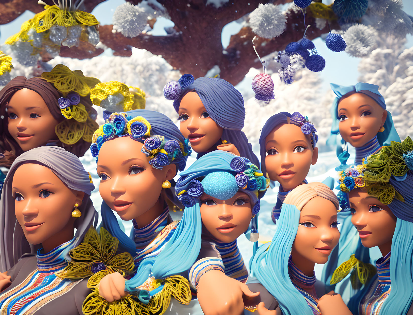 Stylized figures with blue hair in floral headpieces on snowflake backdrop