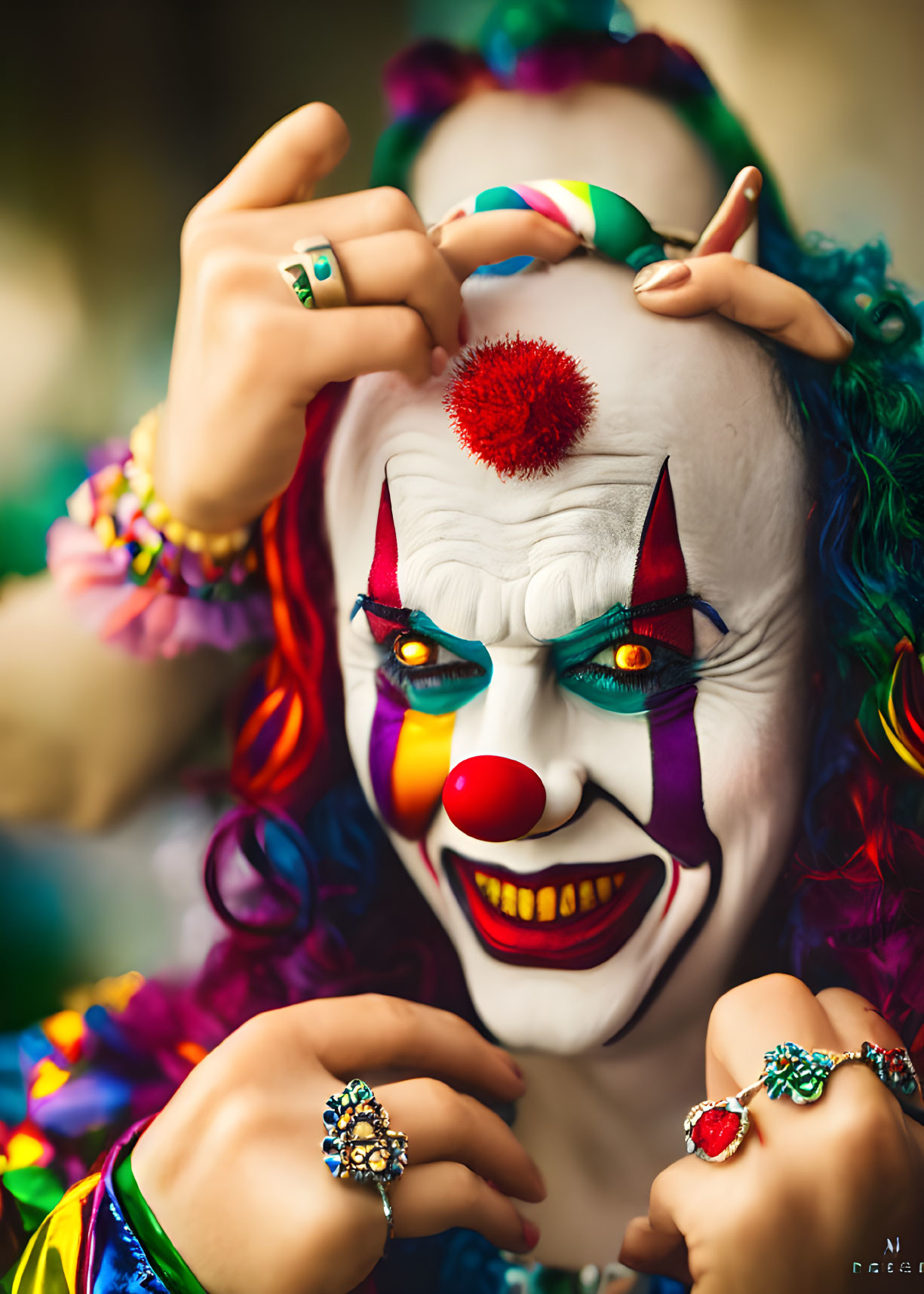 Colorful clown with vibrant makeup and rainbow hair posing with red nose and chunky rings