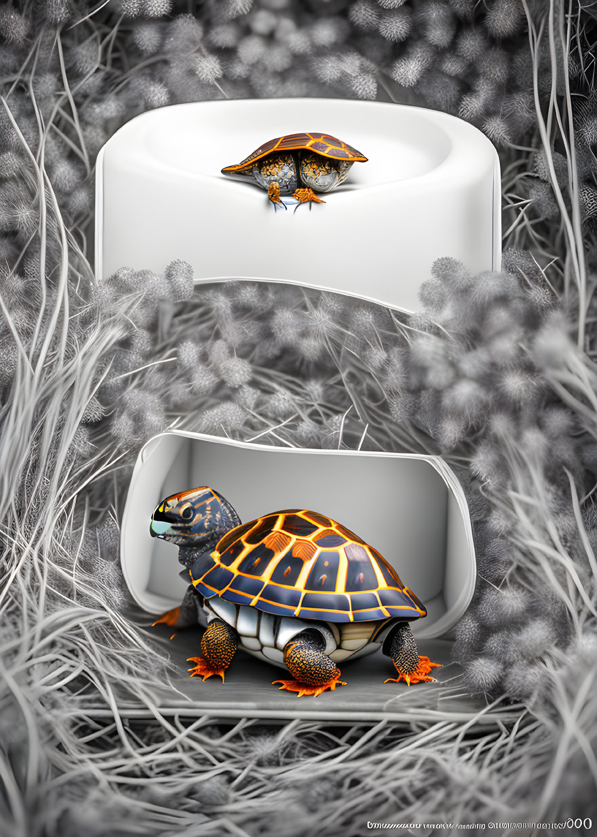 Colorful Patterned Turtles in White Container with Gray Textures