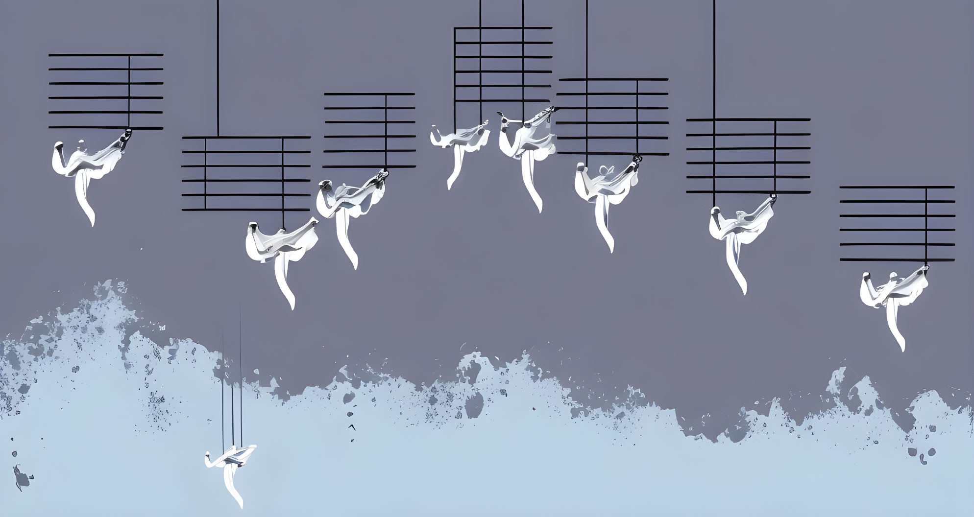 Human figures with swan heads and wings in abstract dance in grid-like space.