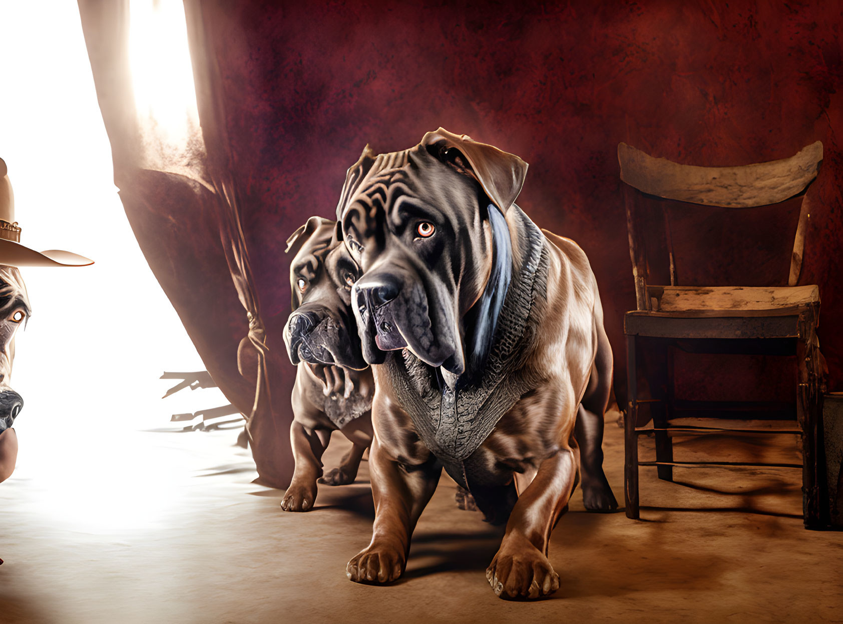 Two muscular dogs in a dramatic, western-style room with a shaft of light.