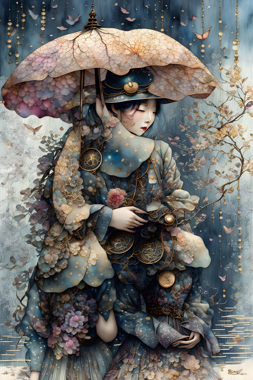 Digital artwork: Woman in ornate attire with umbrella, surrounded by flowers and butterflies