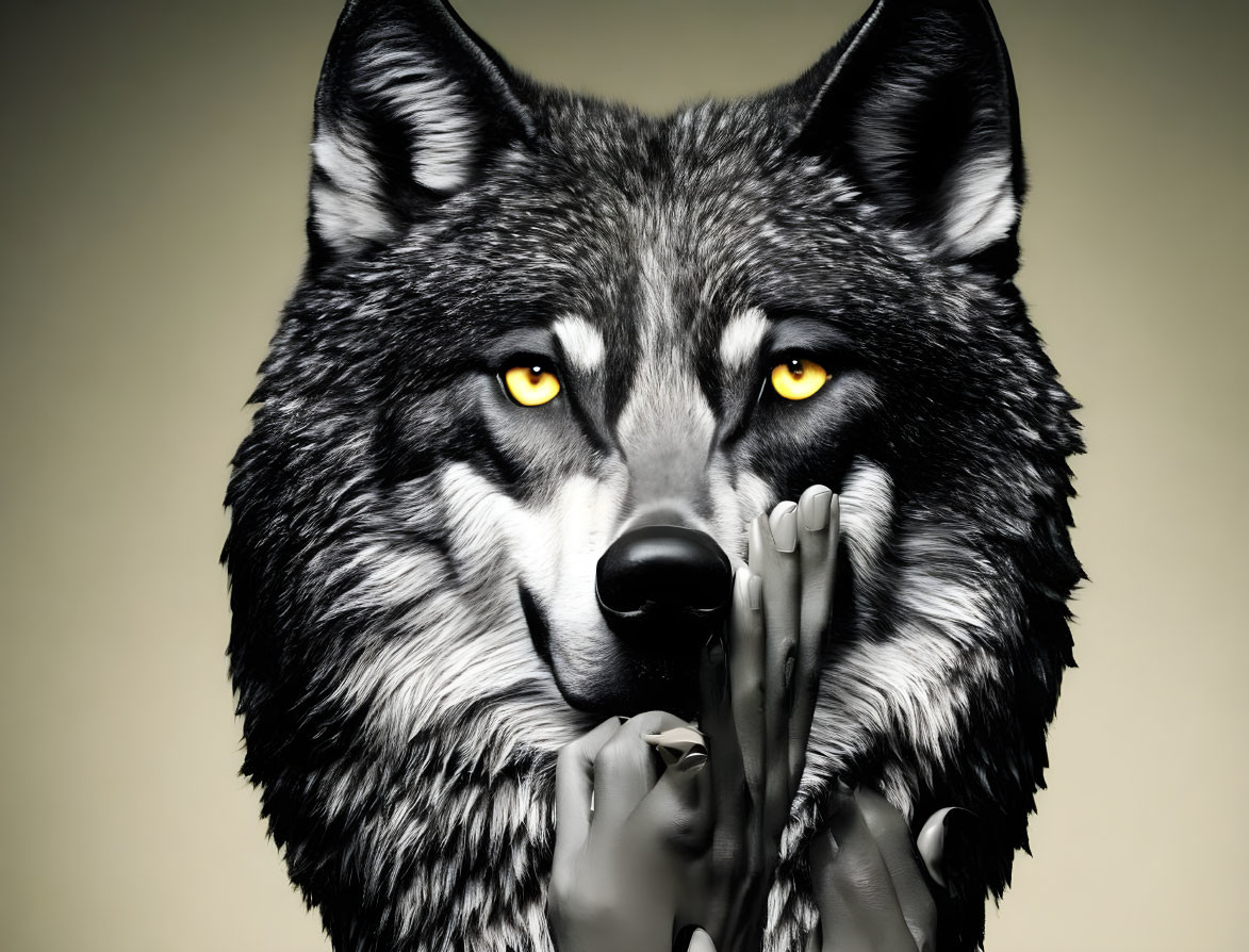 Detailed Wolf Illustration with Striking Yellow Eyes and Human Hands