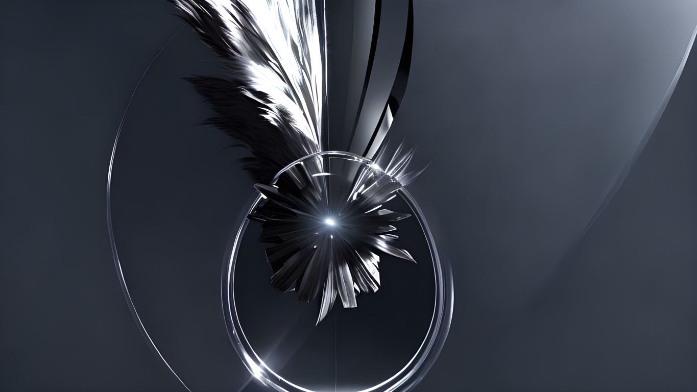 Abstract 3D background with metallic ring and white feathers on dark gradient.