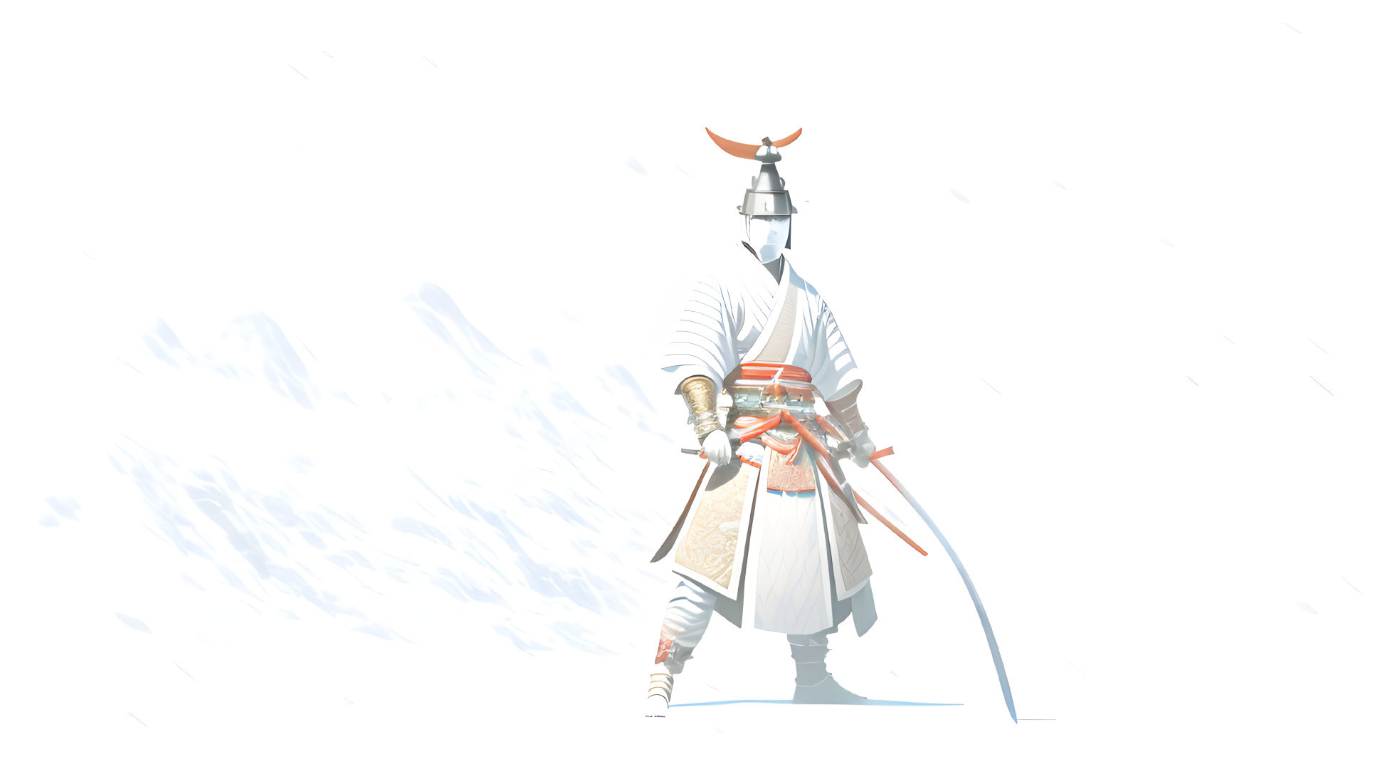 Traditional samurai in armor with katana in snowy landscape