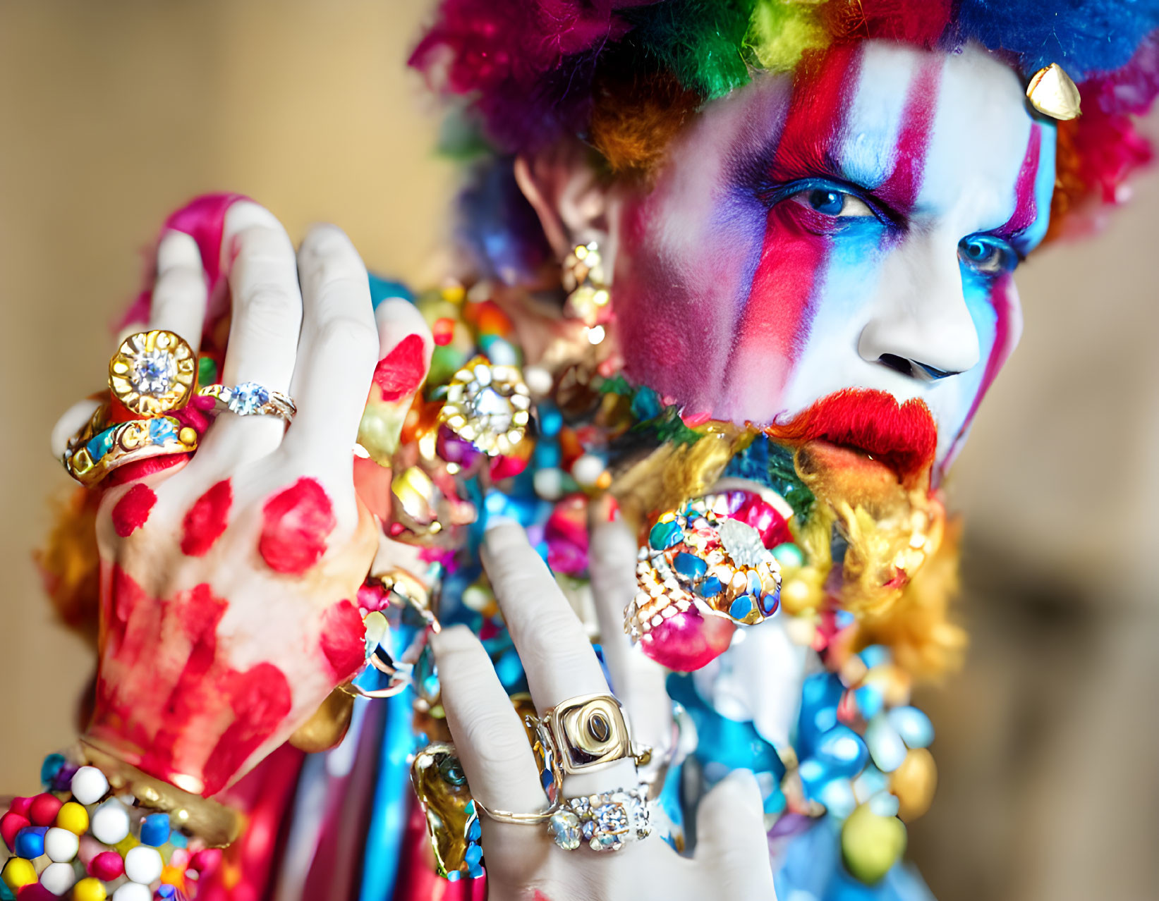 Colorful Clown Makeup and Multicolored Hair with Rings and Jewels