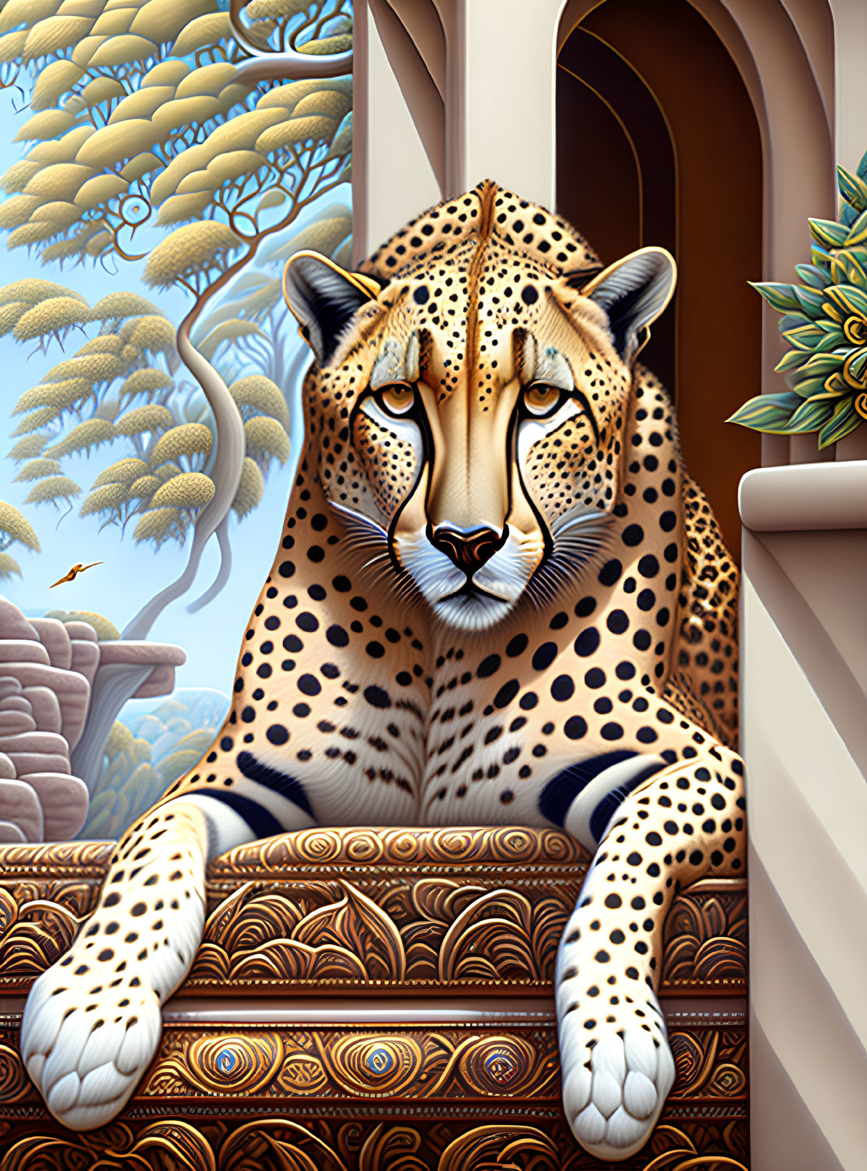 Majestic cheetah on ornate balcony with lush background