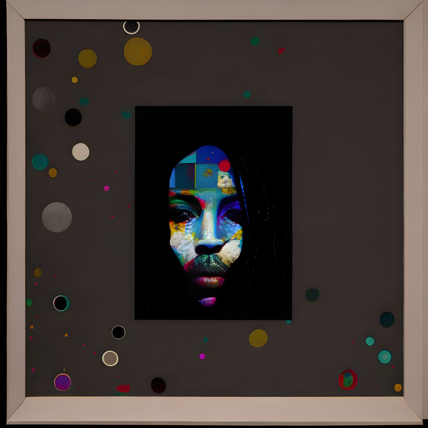 Colorful Abstract Portrait of Woman on Dark Background with Circles