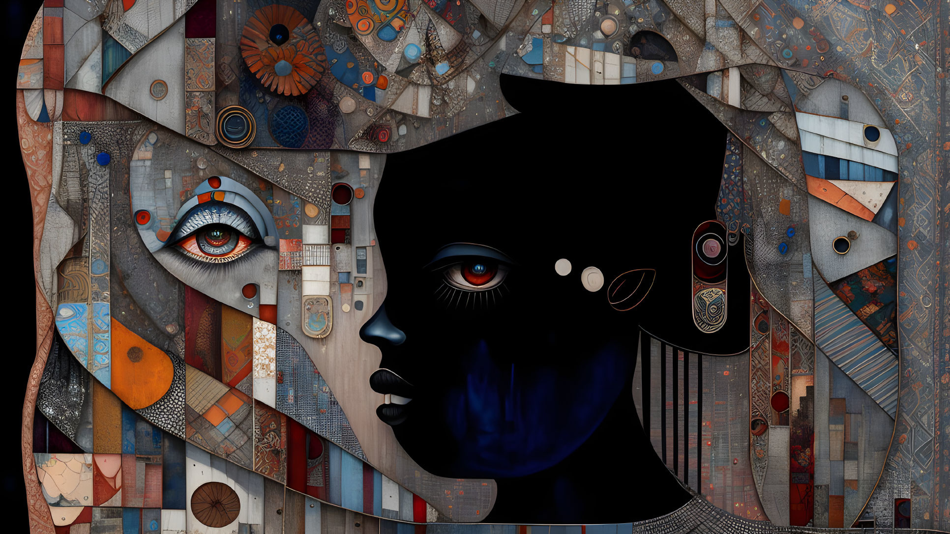 Digital artwork: Stylized face profile merges with mechanical mosaic in earthy tones