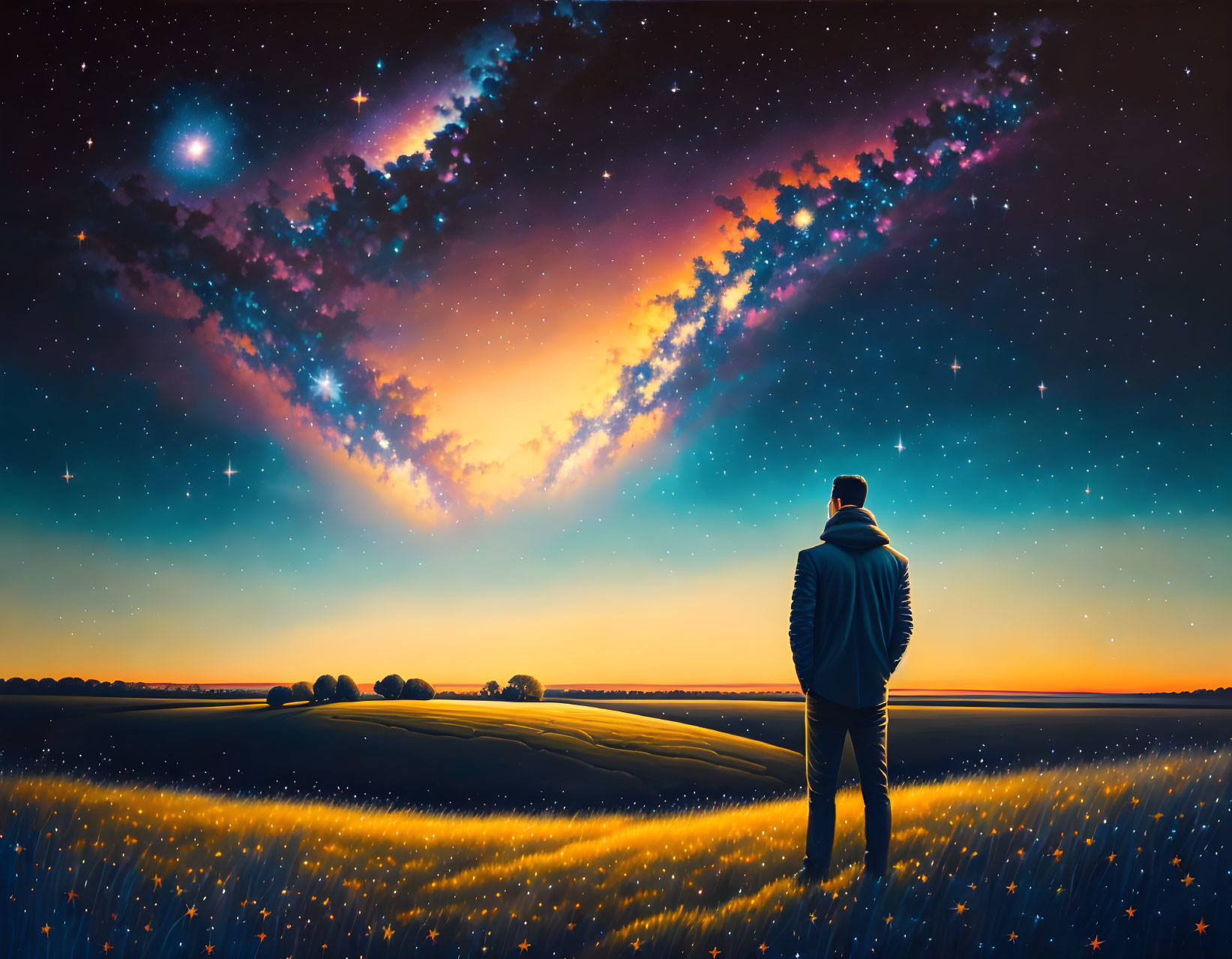 Person in field of flowers at dusk under vibrant night sky with colorful nebula and stars.