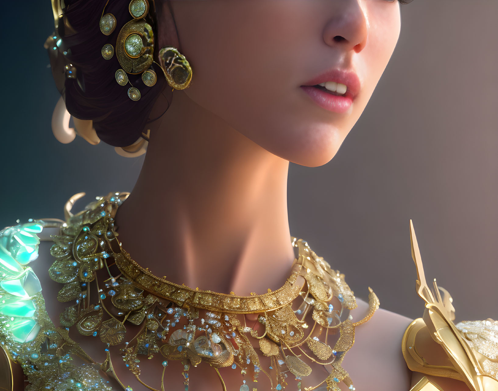 Detailed Close-Up of Woman in Ornate Gold Jewelry and Elegant Costume