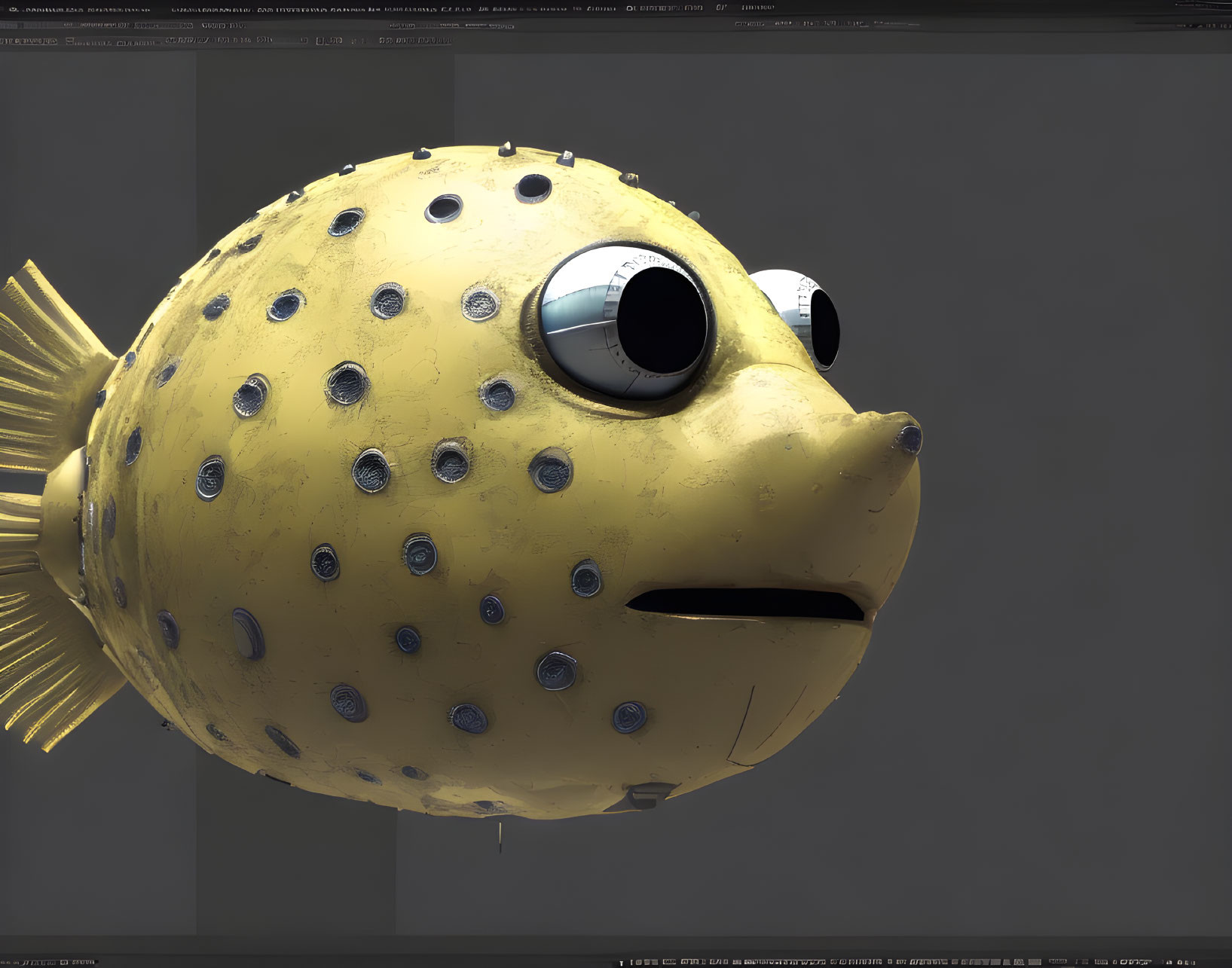 Whimsical 3D Rendering of Yellow Pufferfish in Graphic Design Interface