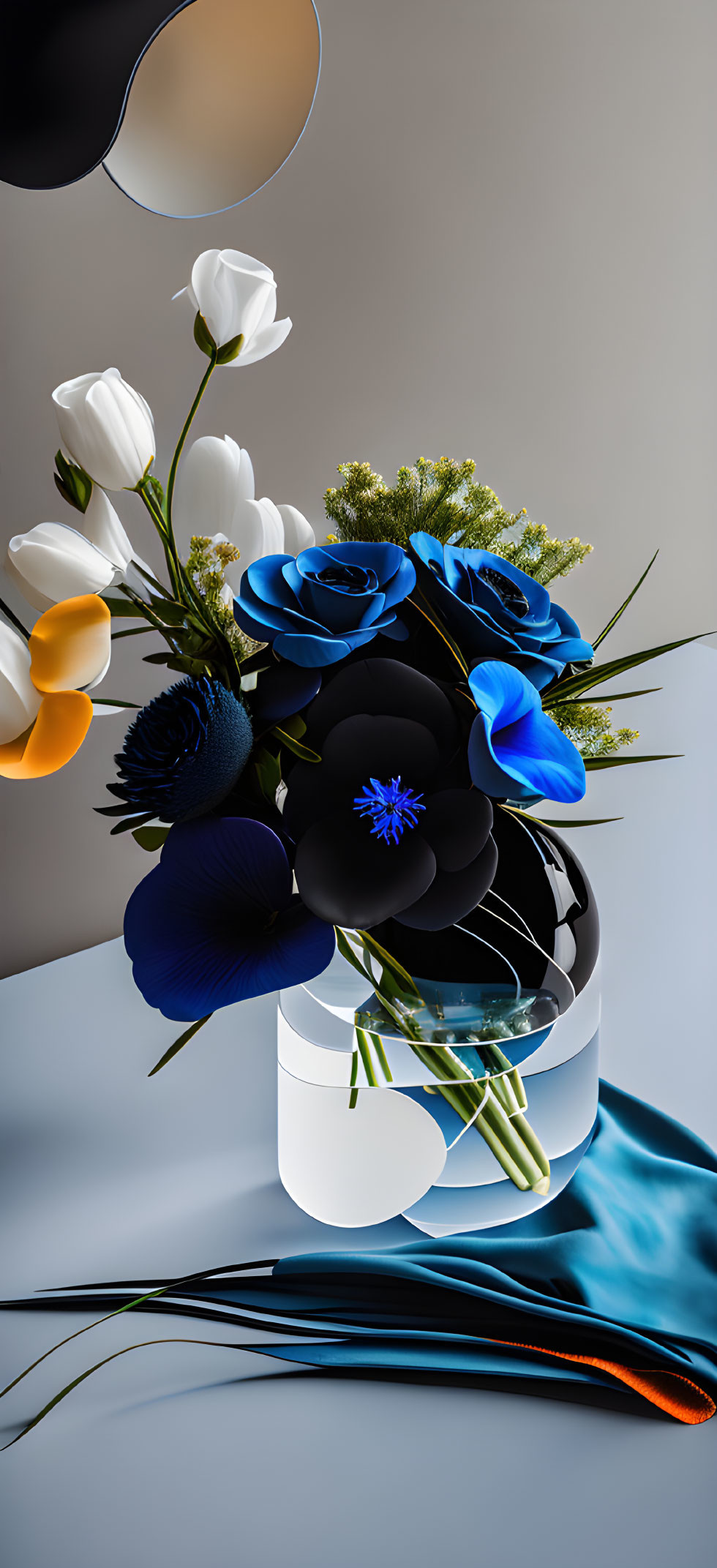 Blue and White Floral Arrangement on Grey Background with Reflections