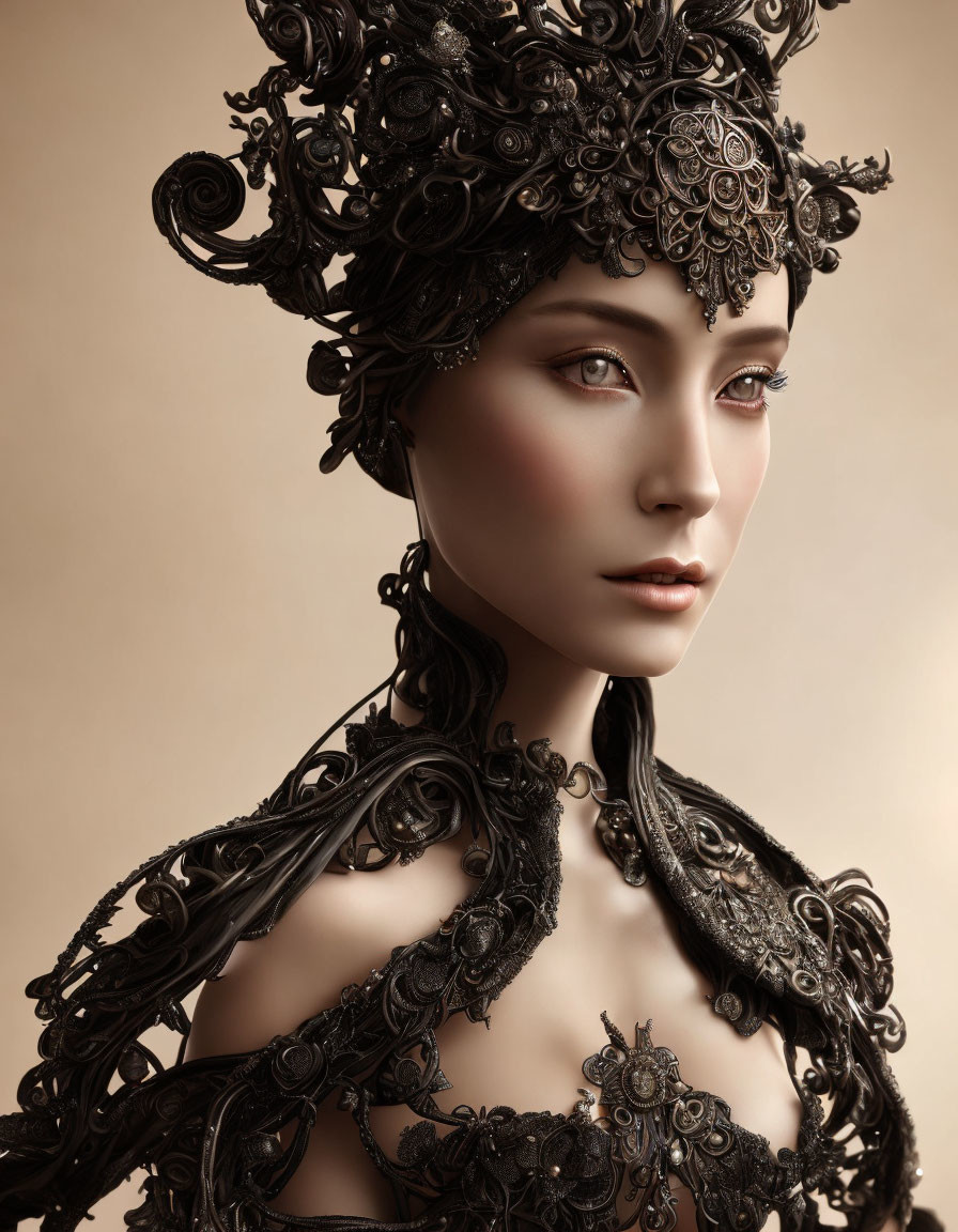 Intricate black headpiece and ornate neckpiece on woman against beige background