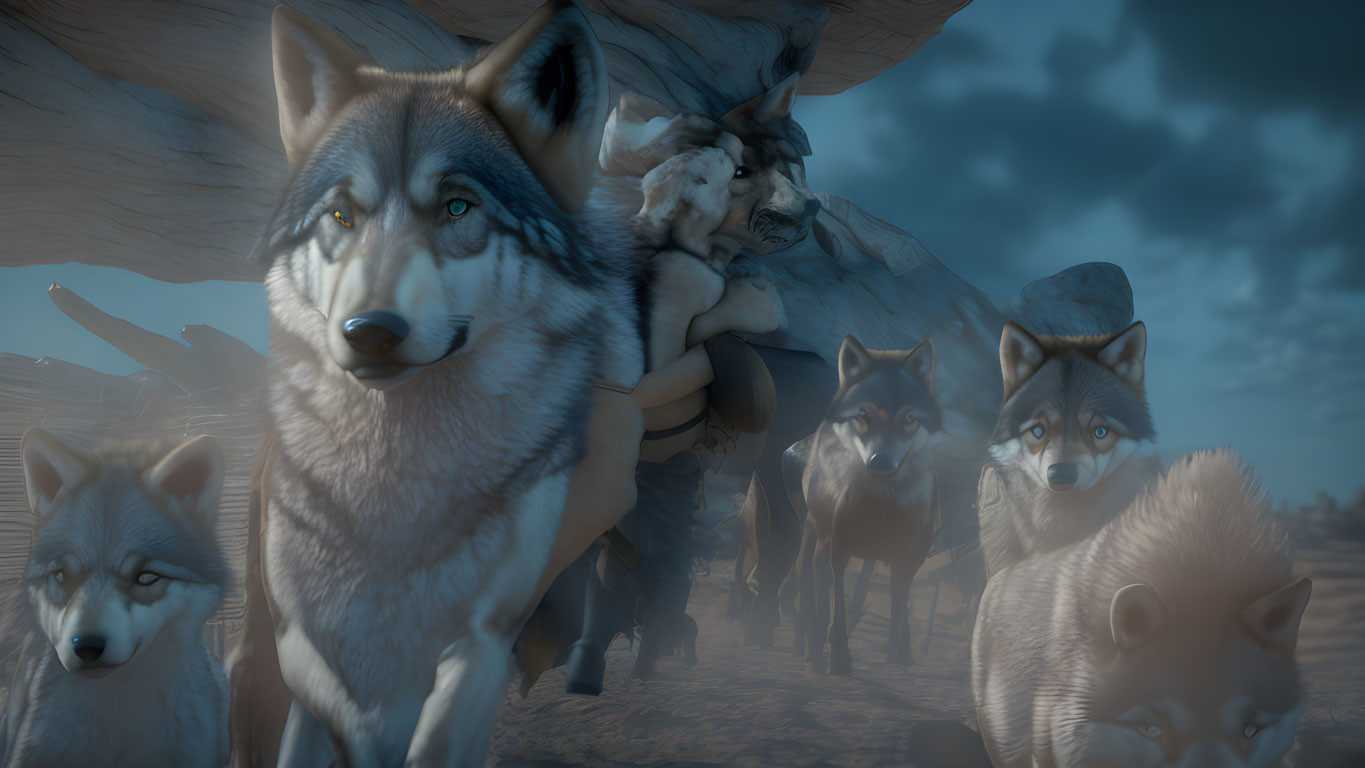 Animated wolves in various poses under twilight sky, with large wolf in foreground.