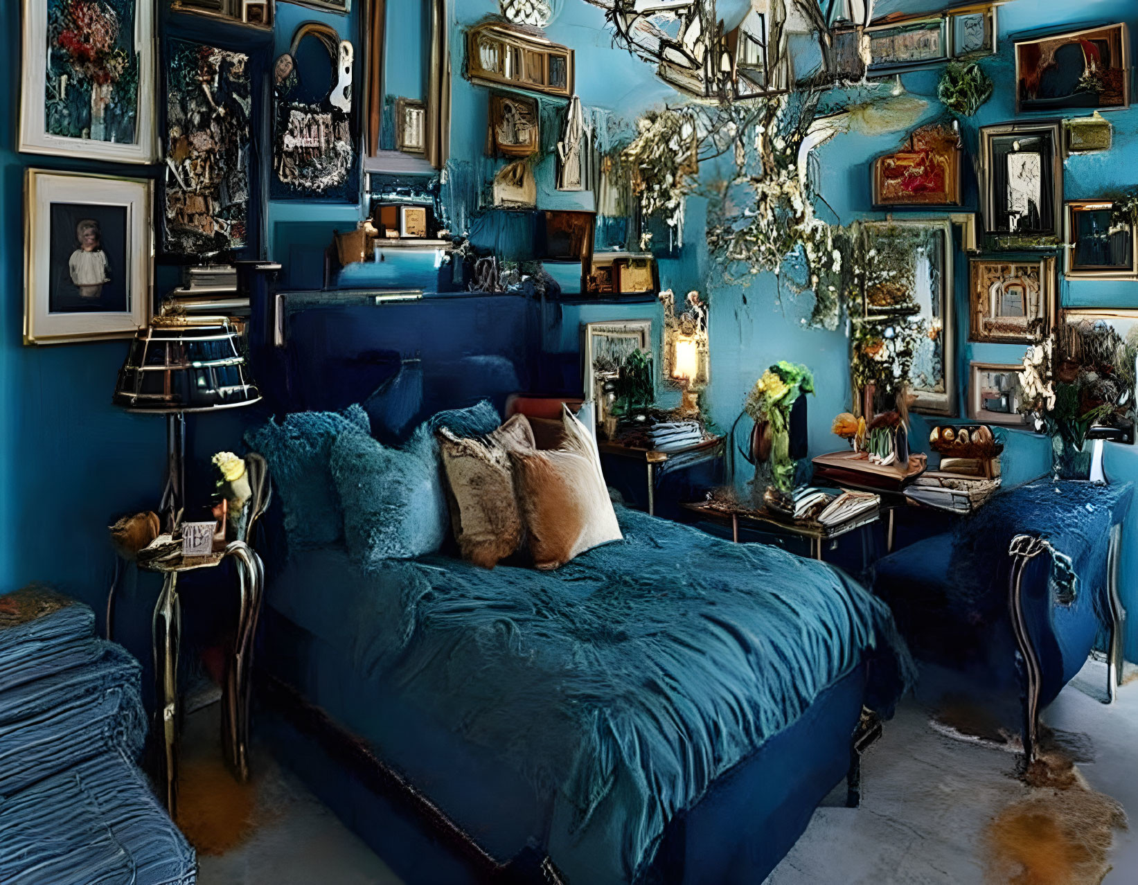 Luxurious Blue Room with Artworks and Tree Branch Chandelier