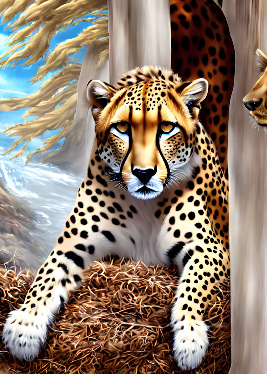 Detailed illustration of cheetah resting on straw bed with piercing eyes, set against blue sky and golden