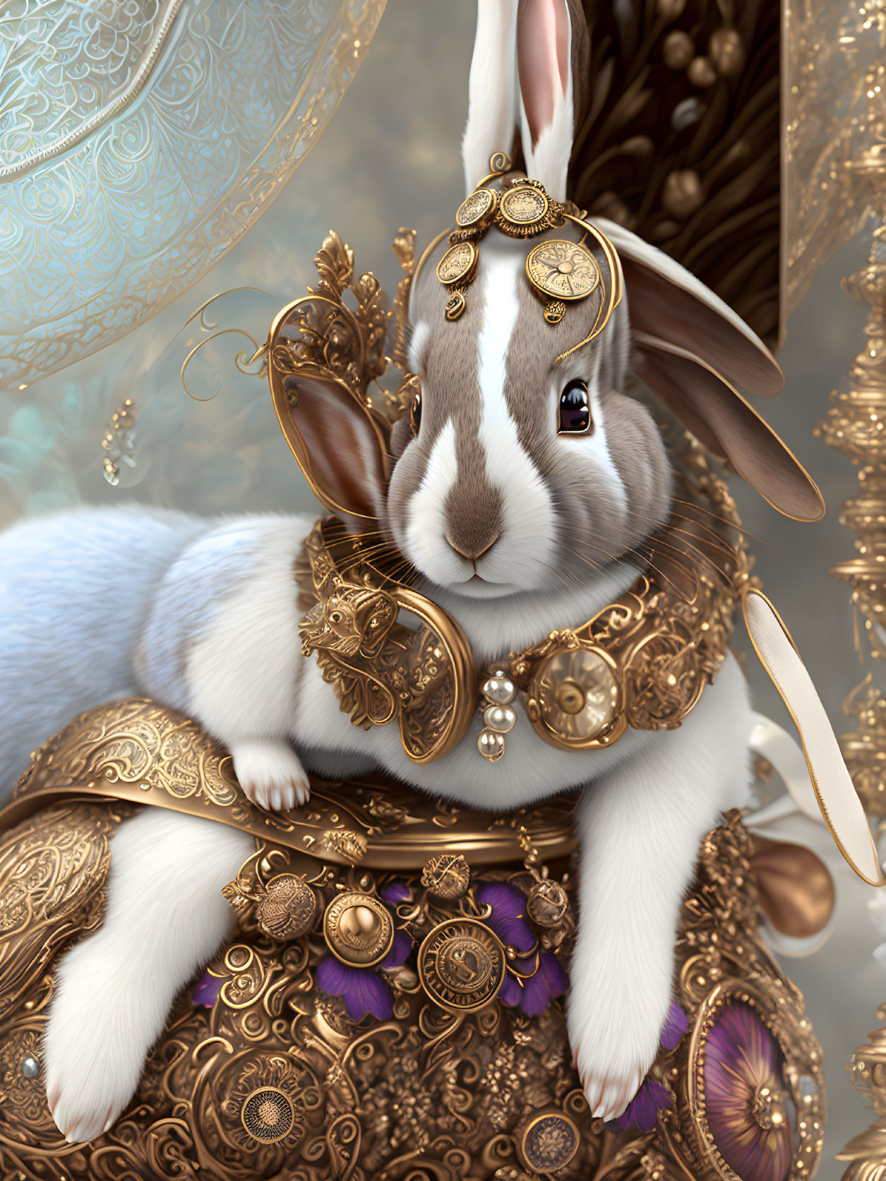 Adorned rabbit with gold jewelry against decorative background