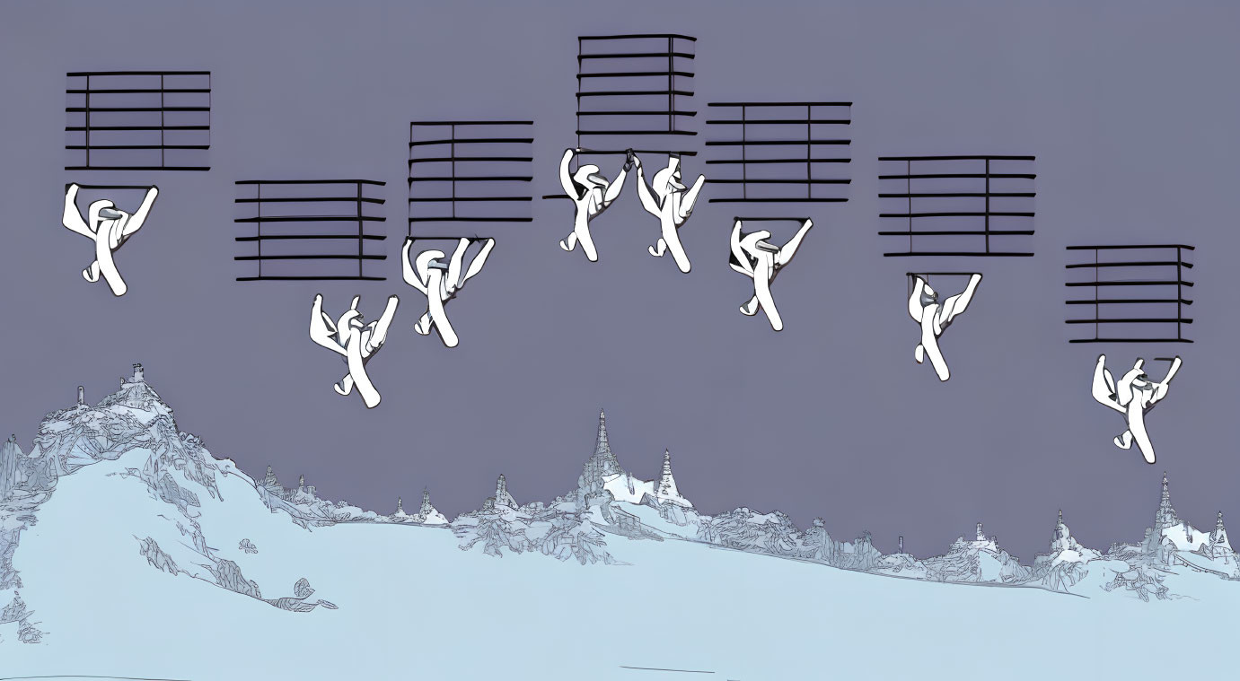 Stylized figures on musical staves against snowy mountain backdrop