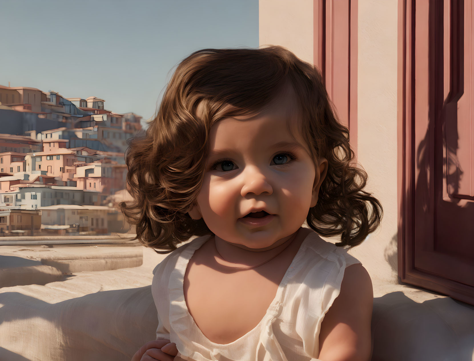 Curly-Haired Toddler in Sunlit Window with Soft Gaze and Houses in Background