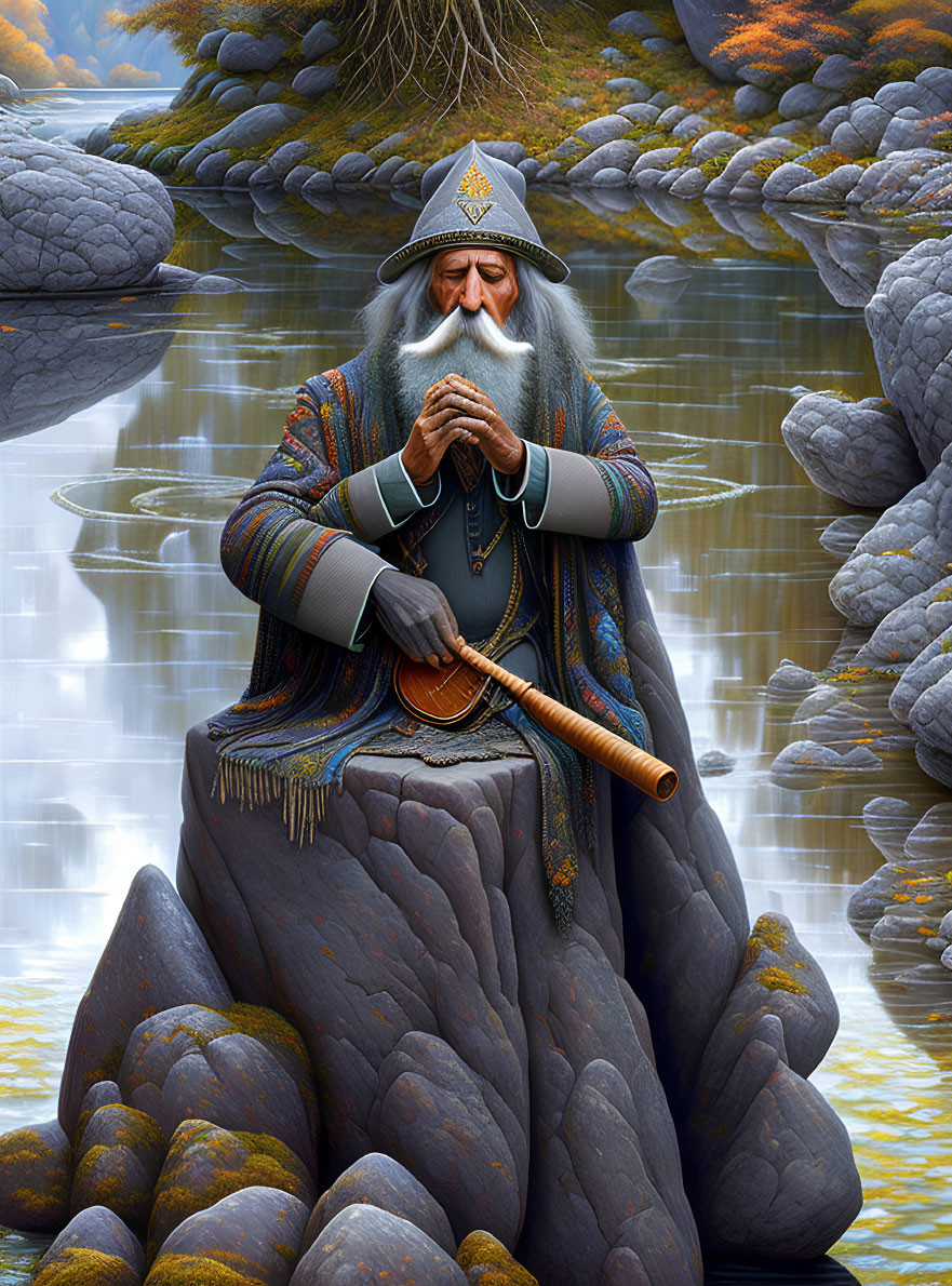 Elderly wizard playing flute by serene river in autumn forest