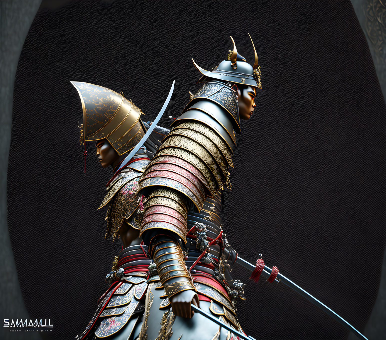 Detailed Samurai in Vibrant Armor with Katana Sword