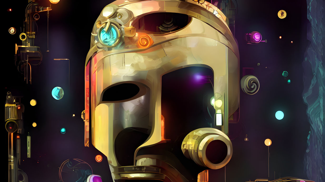 Golden robotic head with glowing gem-like elements in mechanical setting