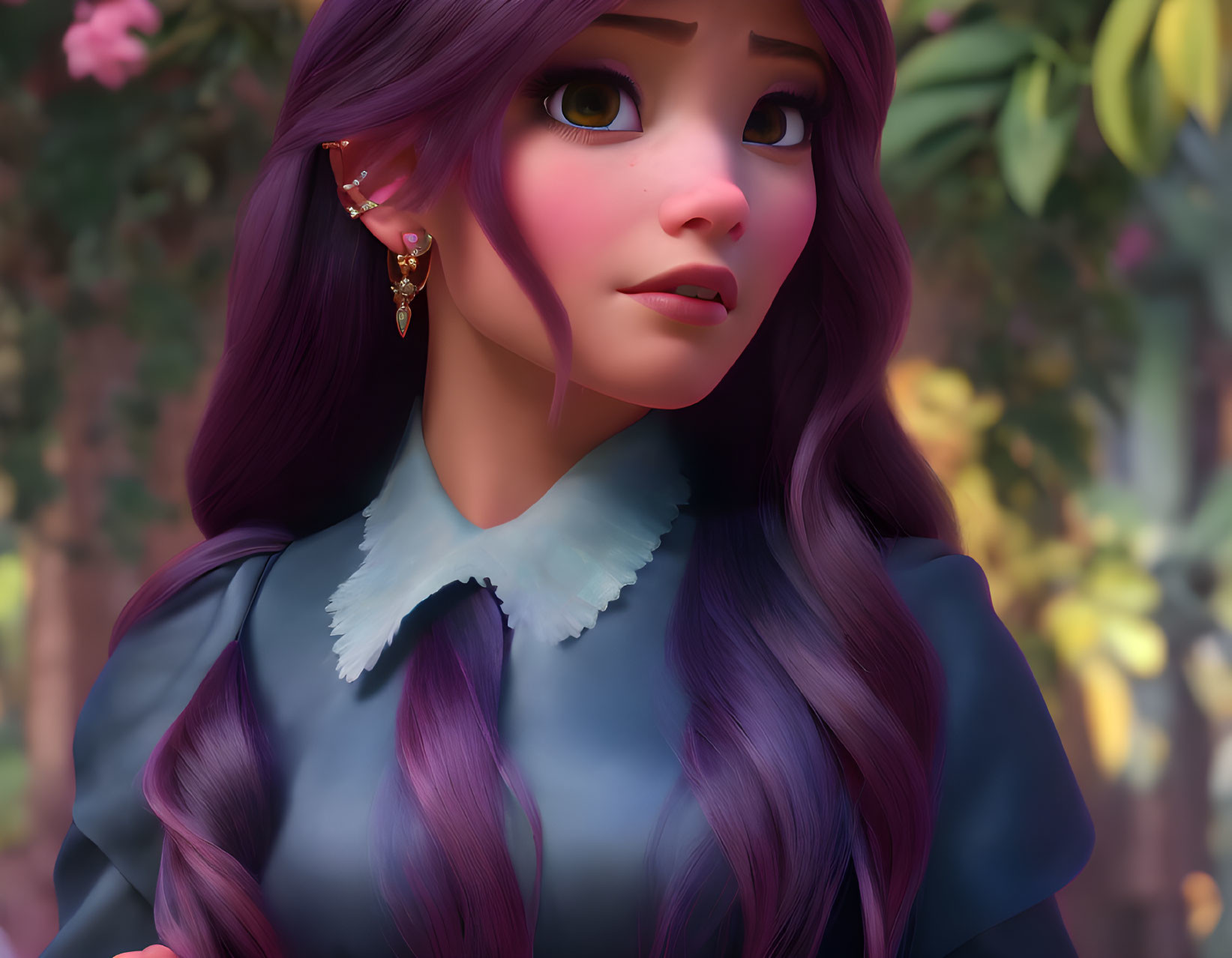 Purple-haired animated female character with large eyes and golden earring in curious expression