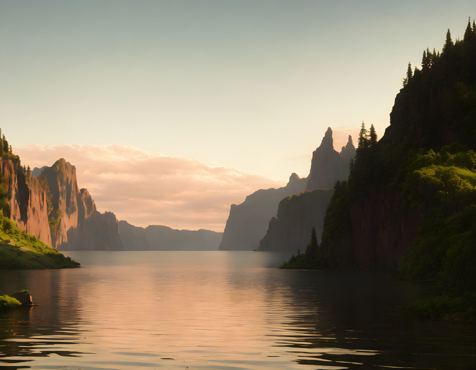 Tranquil lake surrounded by towering cliffs at sunset