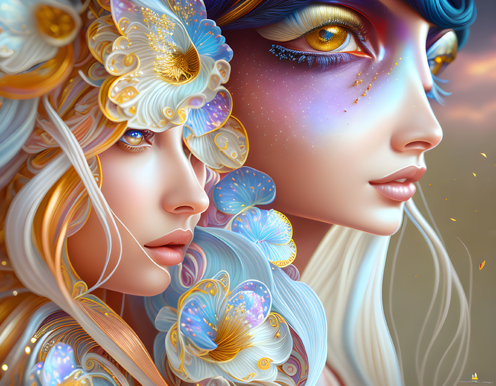 Ethereal beings in gold and pearls with oceanic and celestial motifs