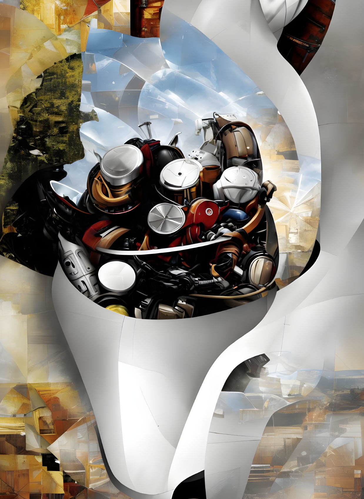 Colorful Abstract Digital Artwork: Motorcycle Helmets in Whirlwind