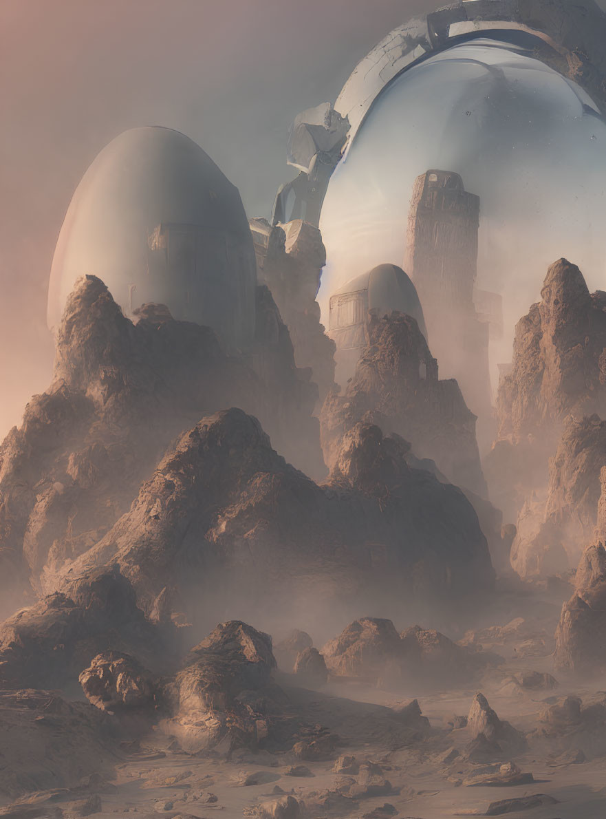 Shattered domes in dystopian landscape under pink sky