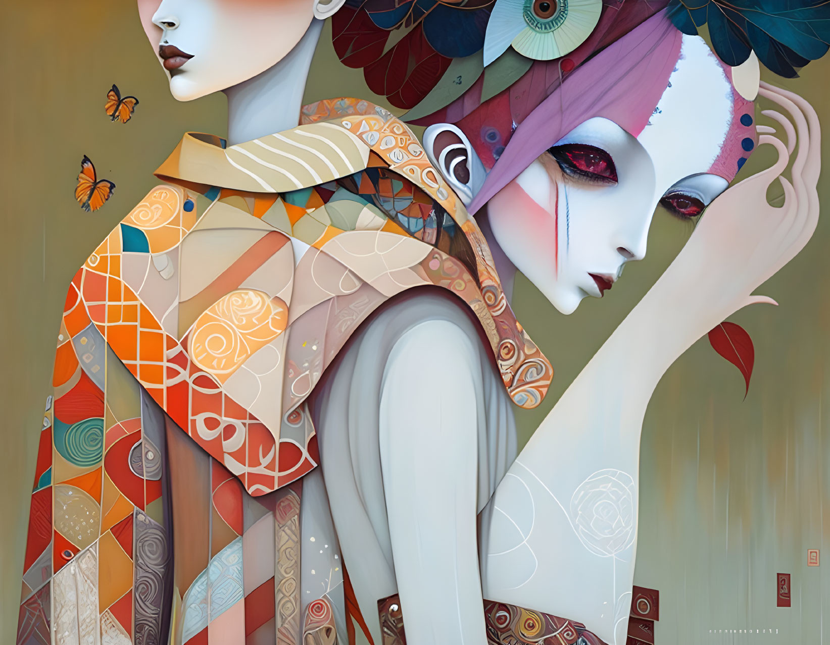 Colorful Stylized Female Figures with Intricate Skin Designs and Surreal Butterfly