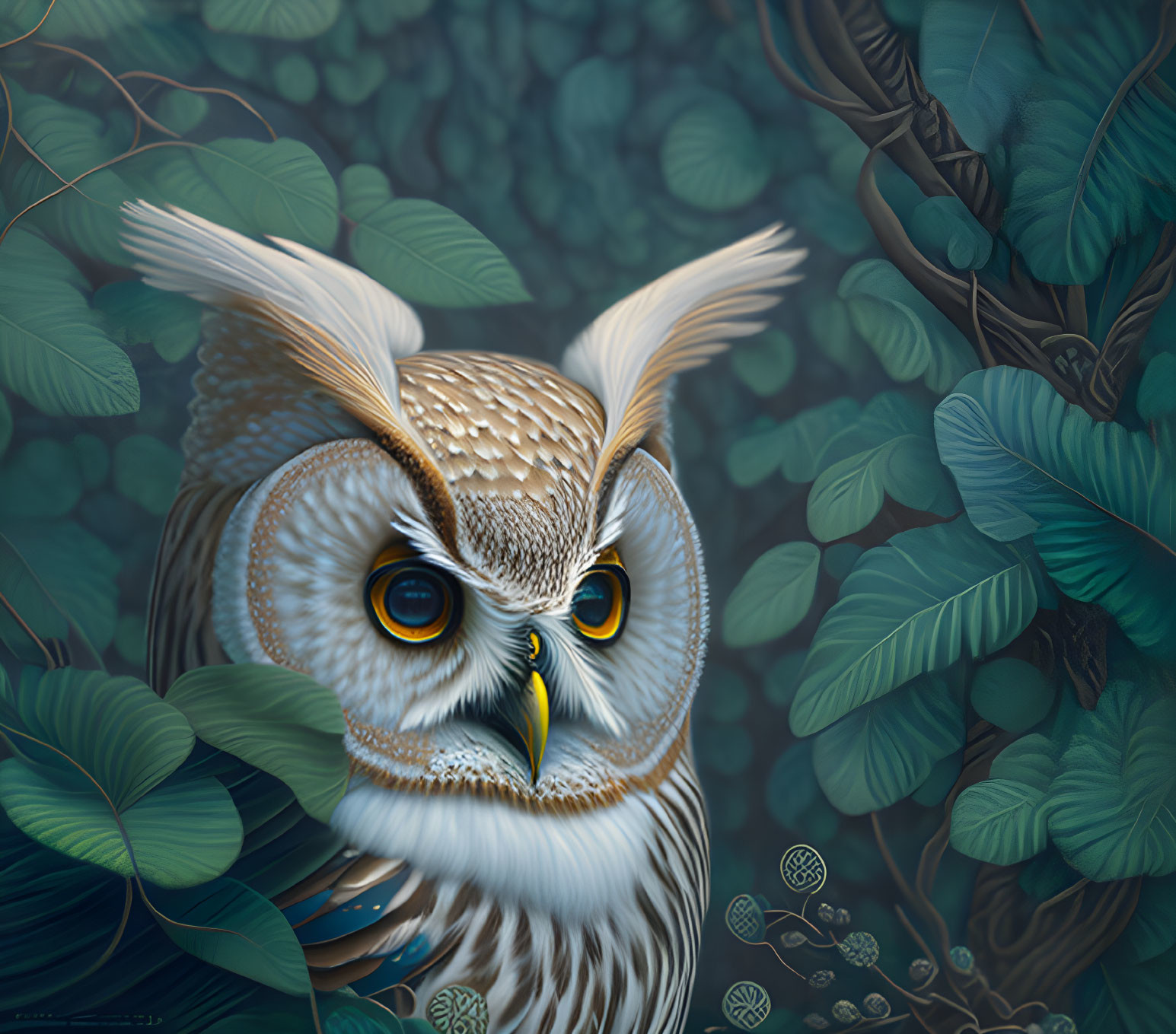 Detailed Stylized Owl Illustration with Feather Tufts and Yellow Eyes