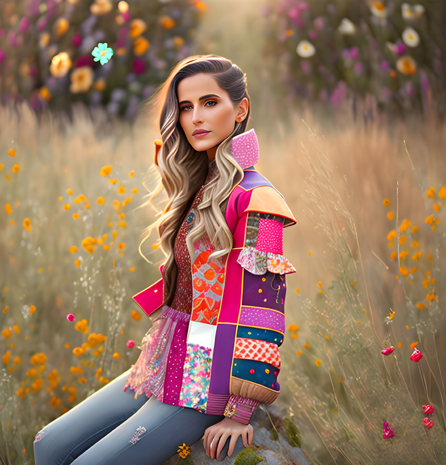Colorful Patchwork Jacket Woman Sitting in Wildflower Meadow at Golden Hour