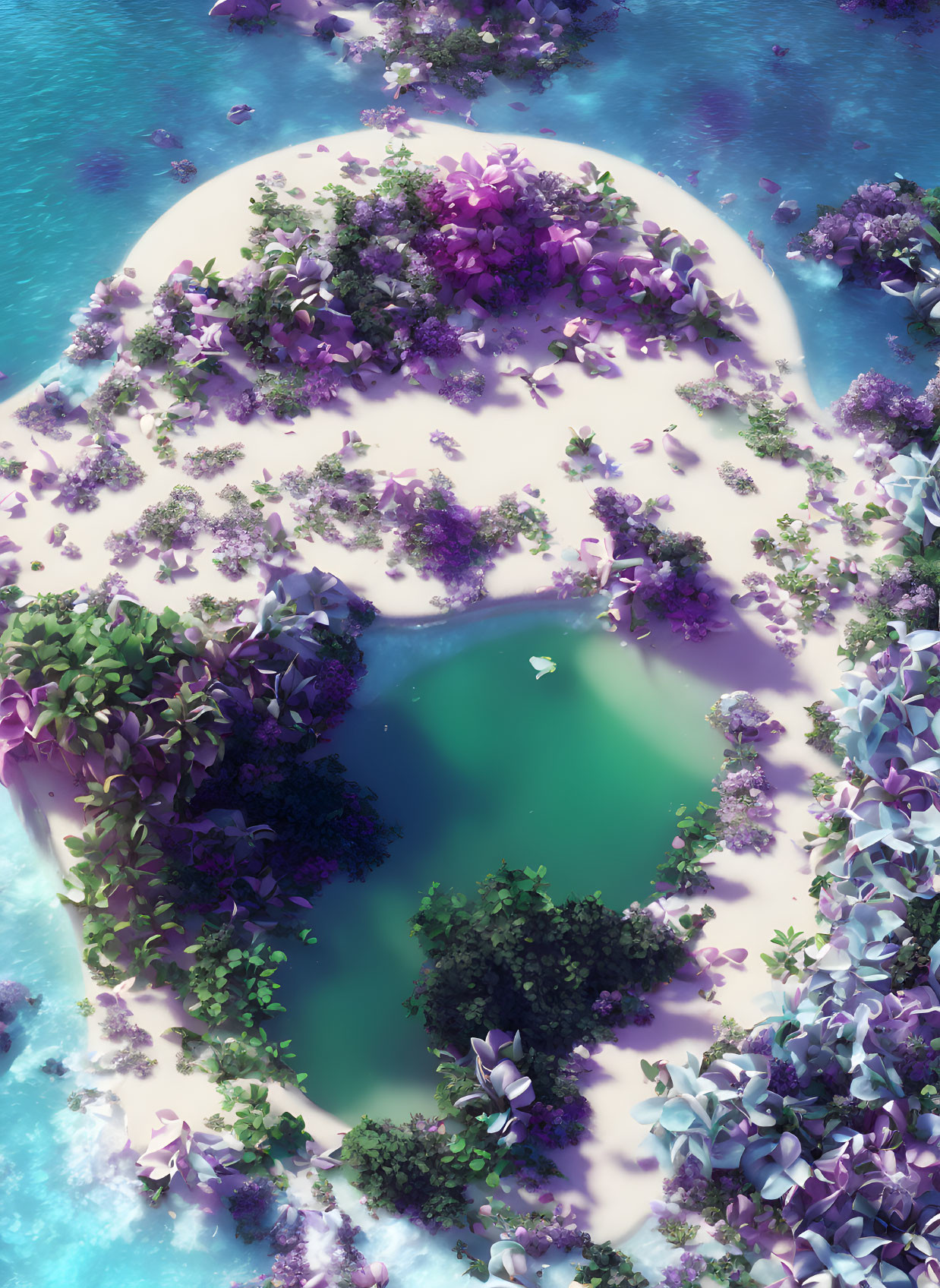 Digitally created vibrant tropical island with purple flowers, green foliage, and serene blue water.