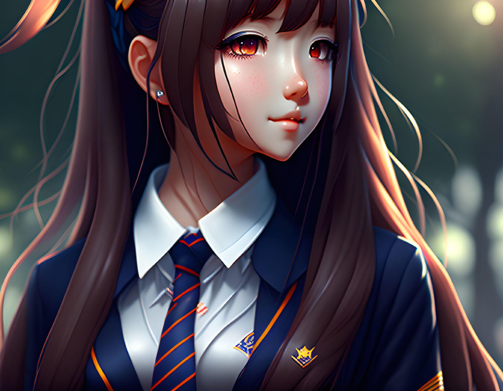 Anime-style Female Character with Long Brown Hair in School Uniform Outdoors