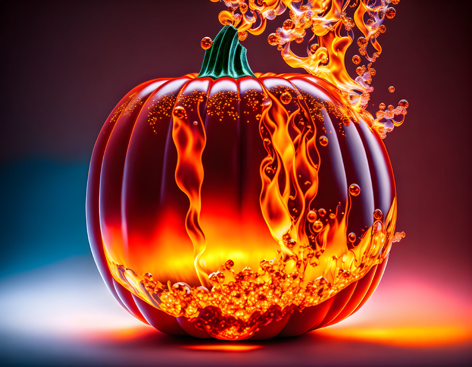 Vibrant red-orange pumpkin with stylized flames and swirling patterns on gradient backdrop