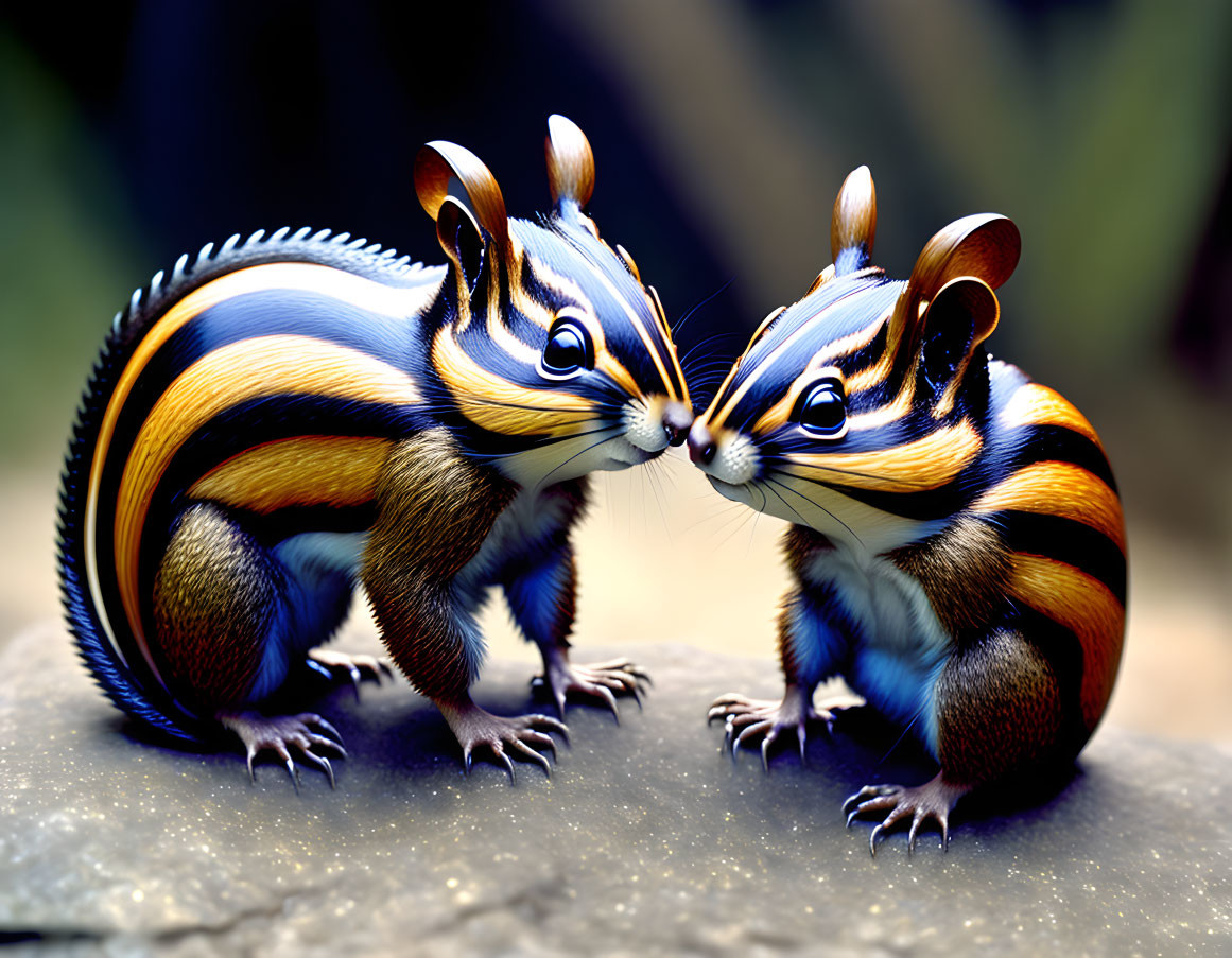 Vibrant chipmunks with orange and black stripes on blurred background