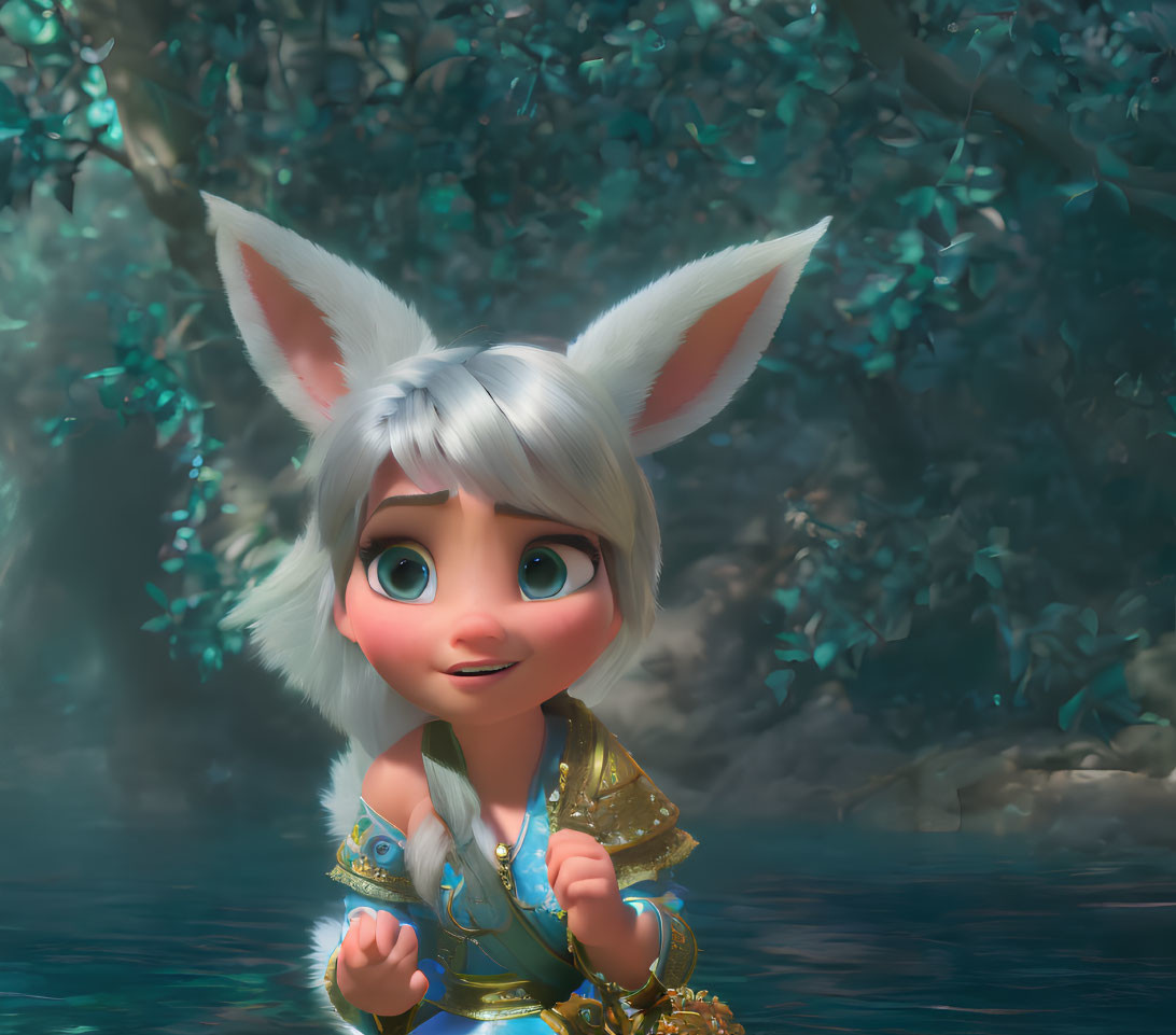 Anthropomorphic female character with rabbit ears in golden outfit in magical forest