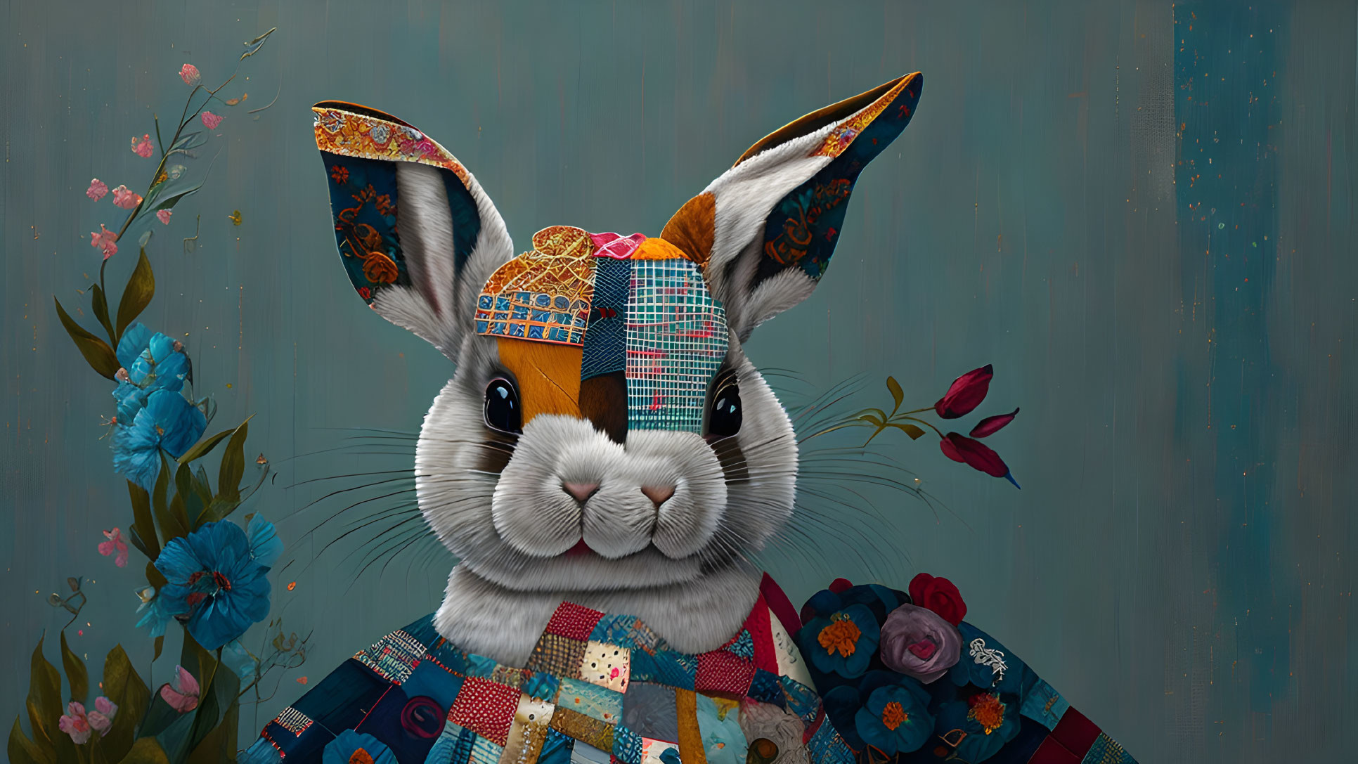 Patchwork Rabbit with Floral Elements on Teal Background