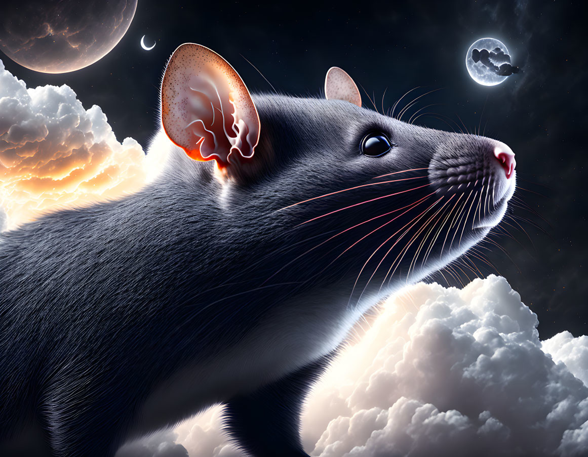 Glowing mouse digital art: night sky with crescent moon