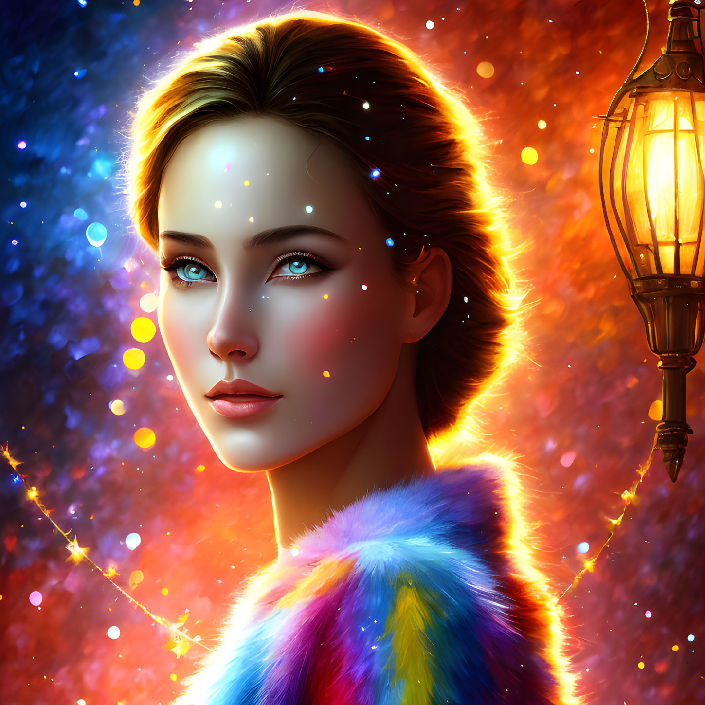 Digital Artwork: Woman with Luminous Blue Eyes and Glowing Lantern