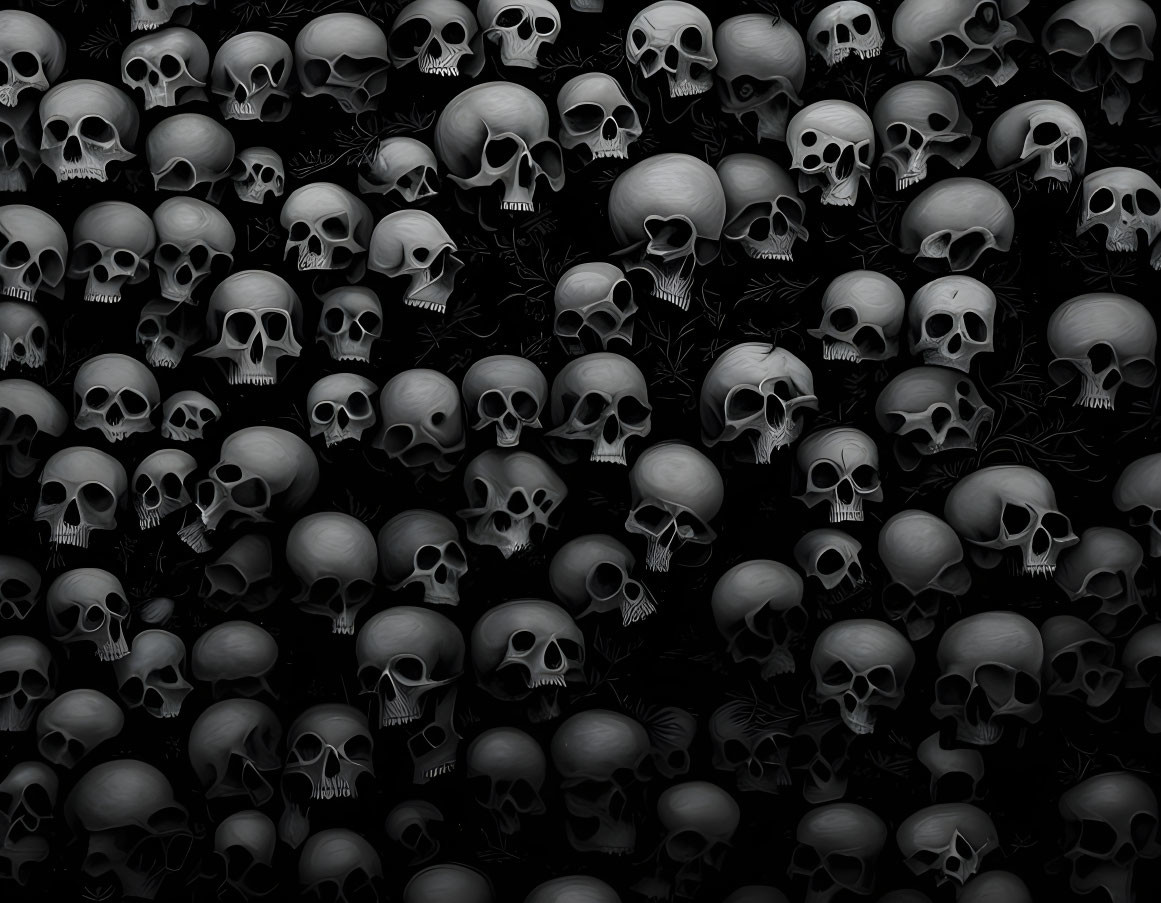 Variety of Human Skulls in Different Positions on Dark Background