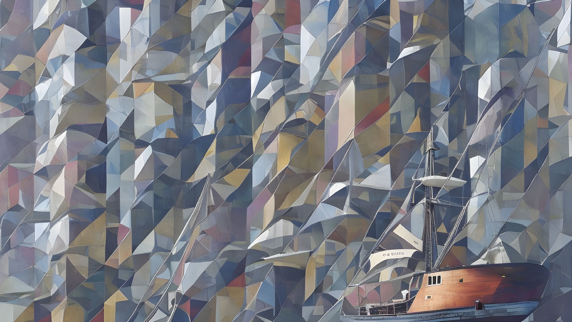 Colorful Cubist-inspired Boat Artwork with Geometric Shapes