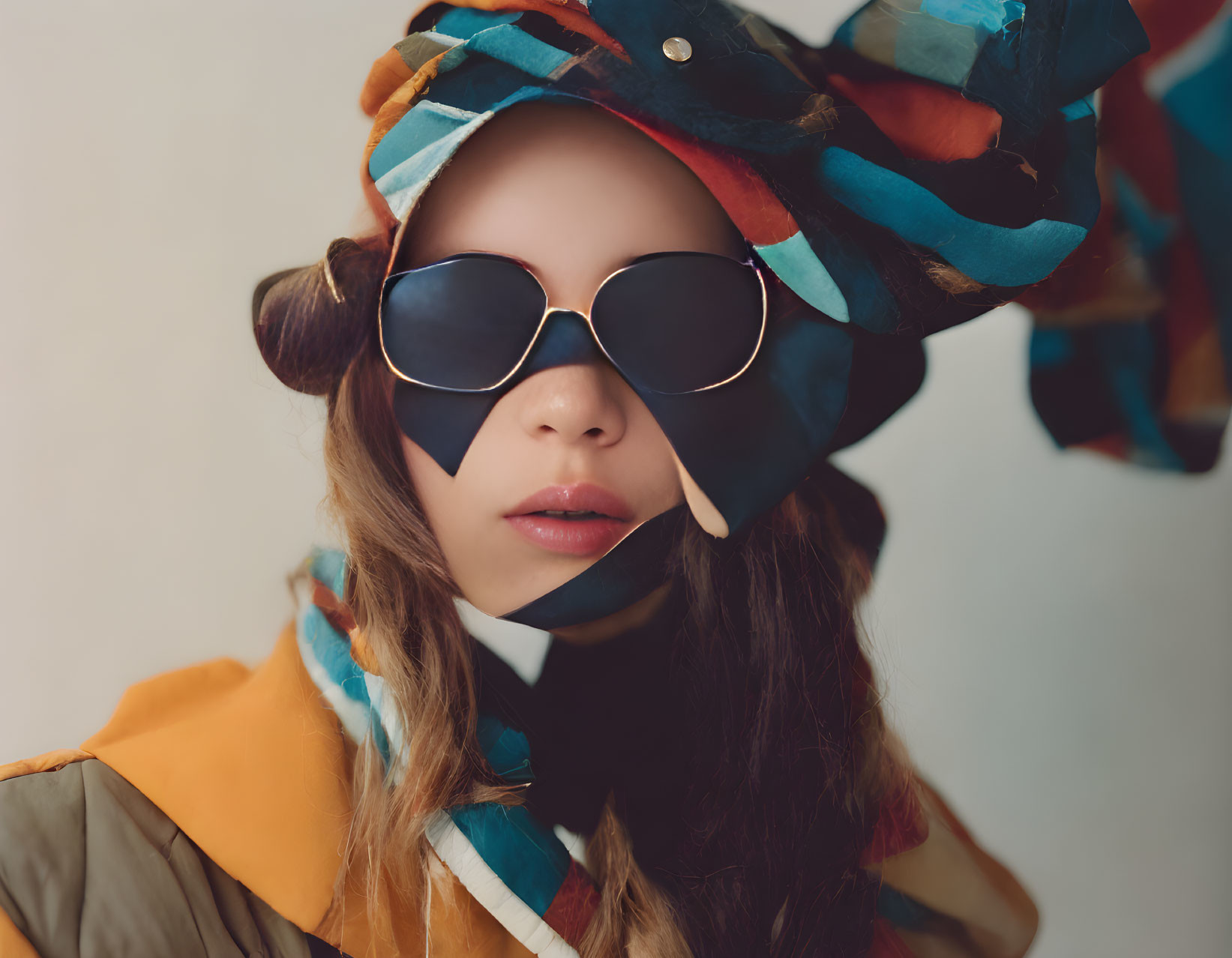 Colorful Patchwork Hat and Sunglasses with Stylish Orange and Blue Garment Pose